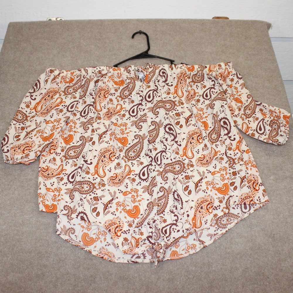 Rue+ Plus Size 3X Paisley Off The Shoulder Top Orange Brown Boho Blouse NEW